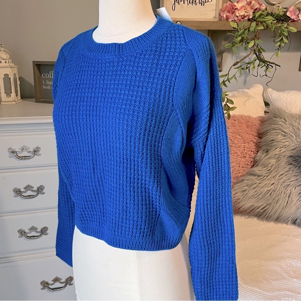 Cropped Sweater Royal Blue Cable Knit Freshman Womens S M L Comfy Acrylic